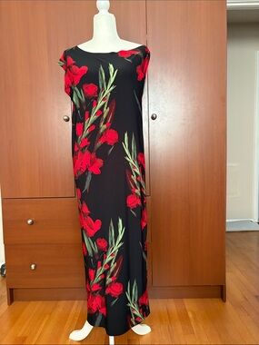 Norma Kamali Black Maxi Dress with Red Floral Print